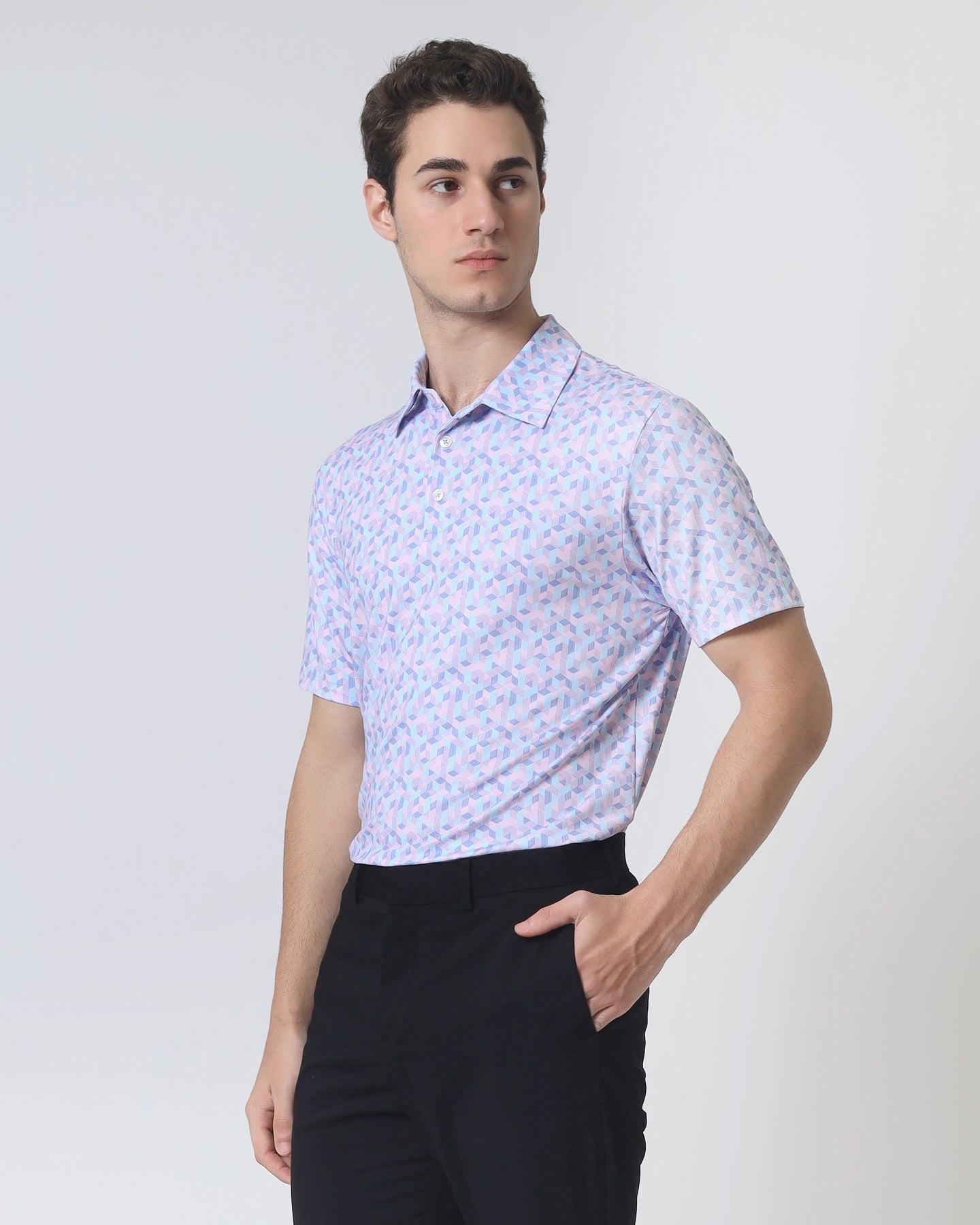 Quieti Performance Regular Fit, Lavender Geo Printed Knit, 3 button Short Sleeve Polo